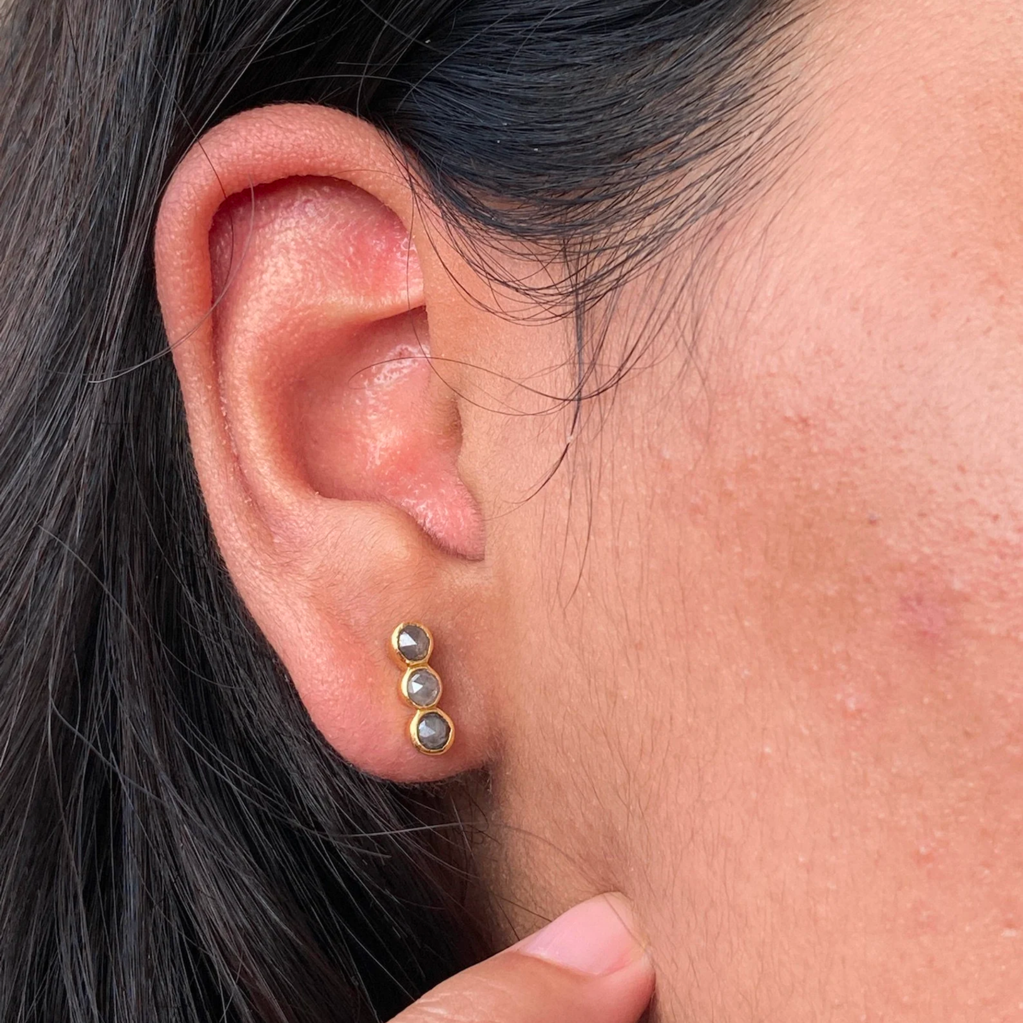 14K Solid Gold White Rose Cut Diamond Studs, 3 Stone Cluster Earrings, Dainty Minimalistic Earring, Caterpillar Studs, Mother's Day Gift