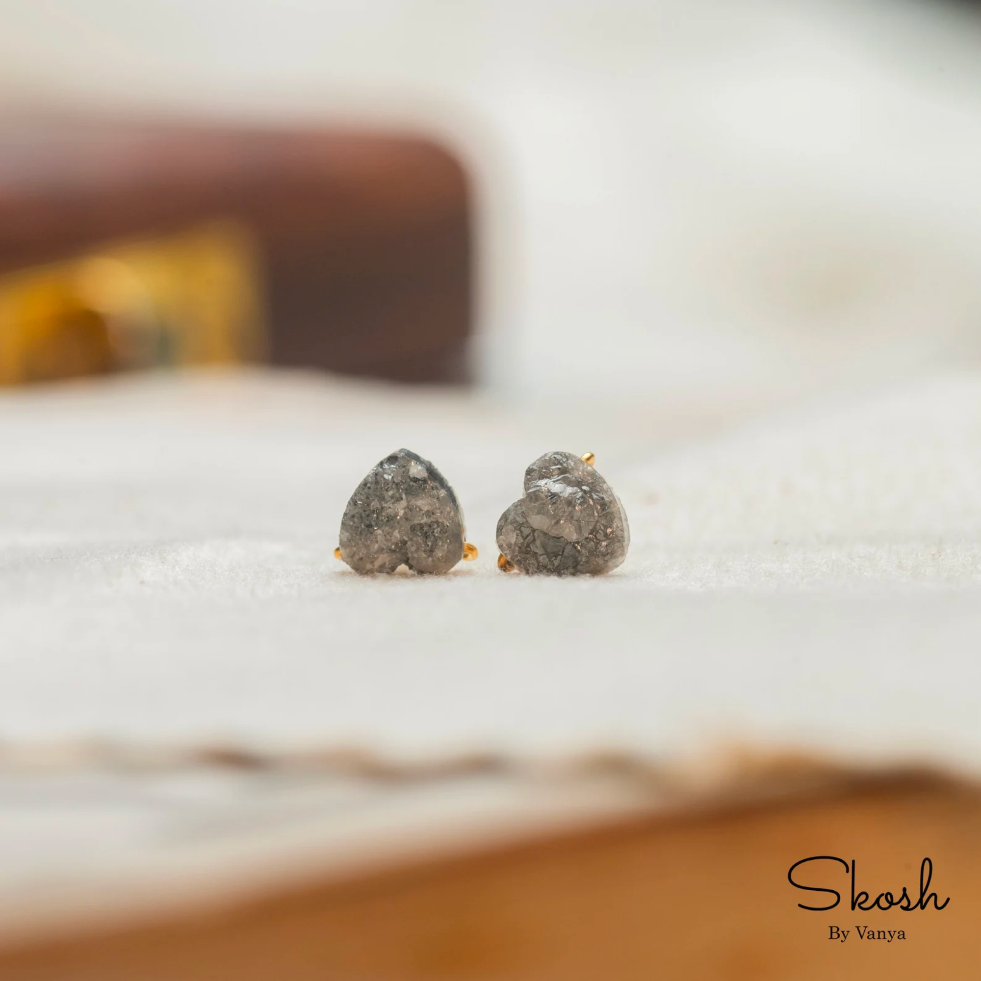 14K Gold Heart Shaped Gray Rough Diamond Stud Earrings, Minimalist Heart Earring, Tiny Studs For Women, Perfect Gift