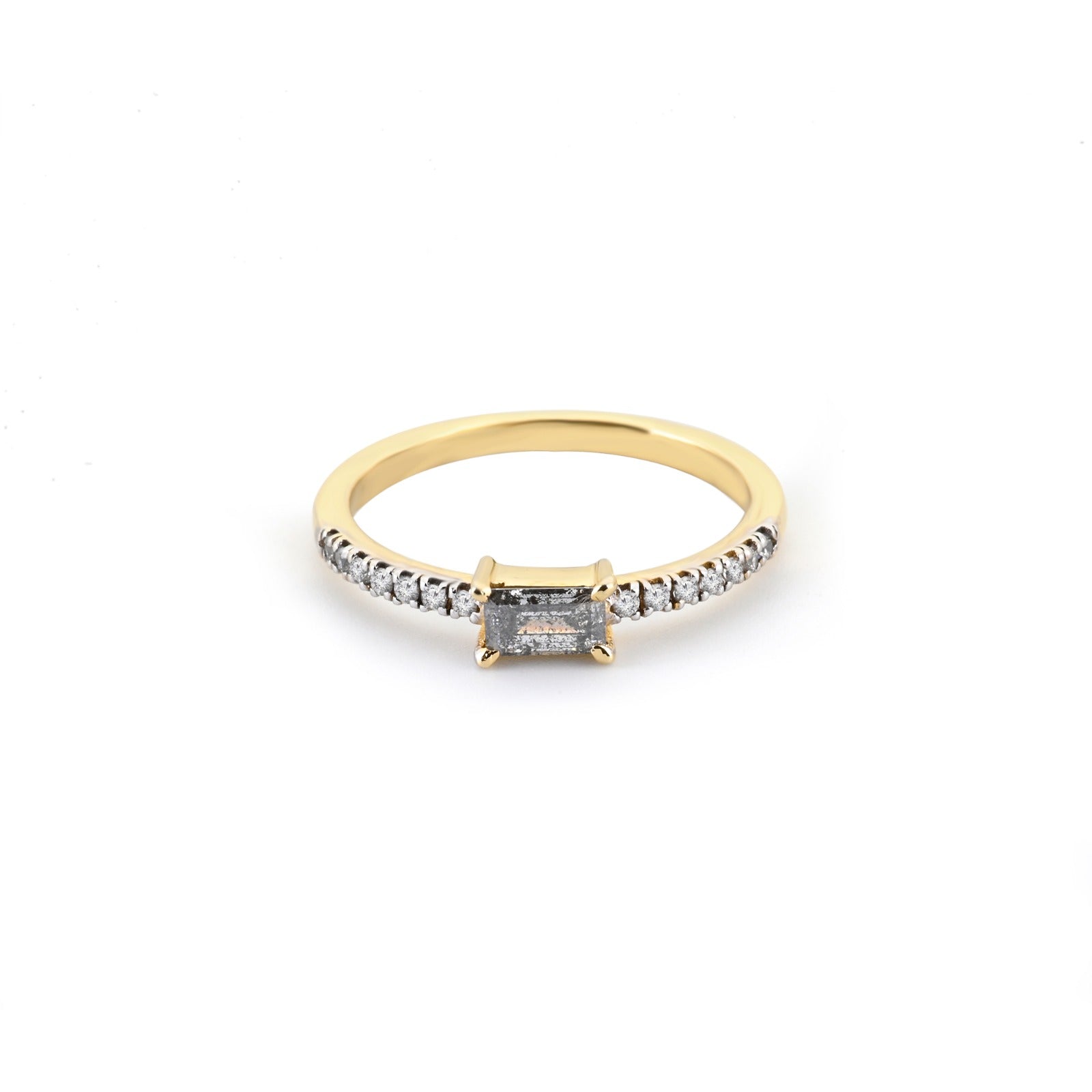 Salt and Pepper Baguette Solitaire Engagement Ring, 14K Solid Gold Diamond Ring, Unique Engagement Ring - Conflict Free Diamonds