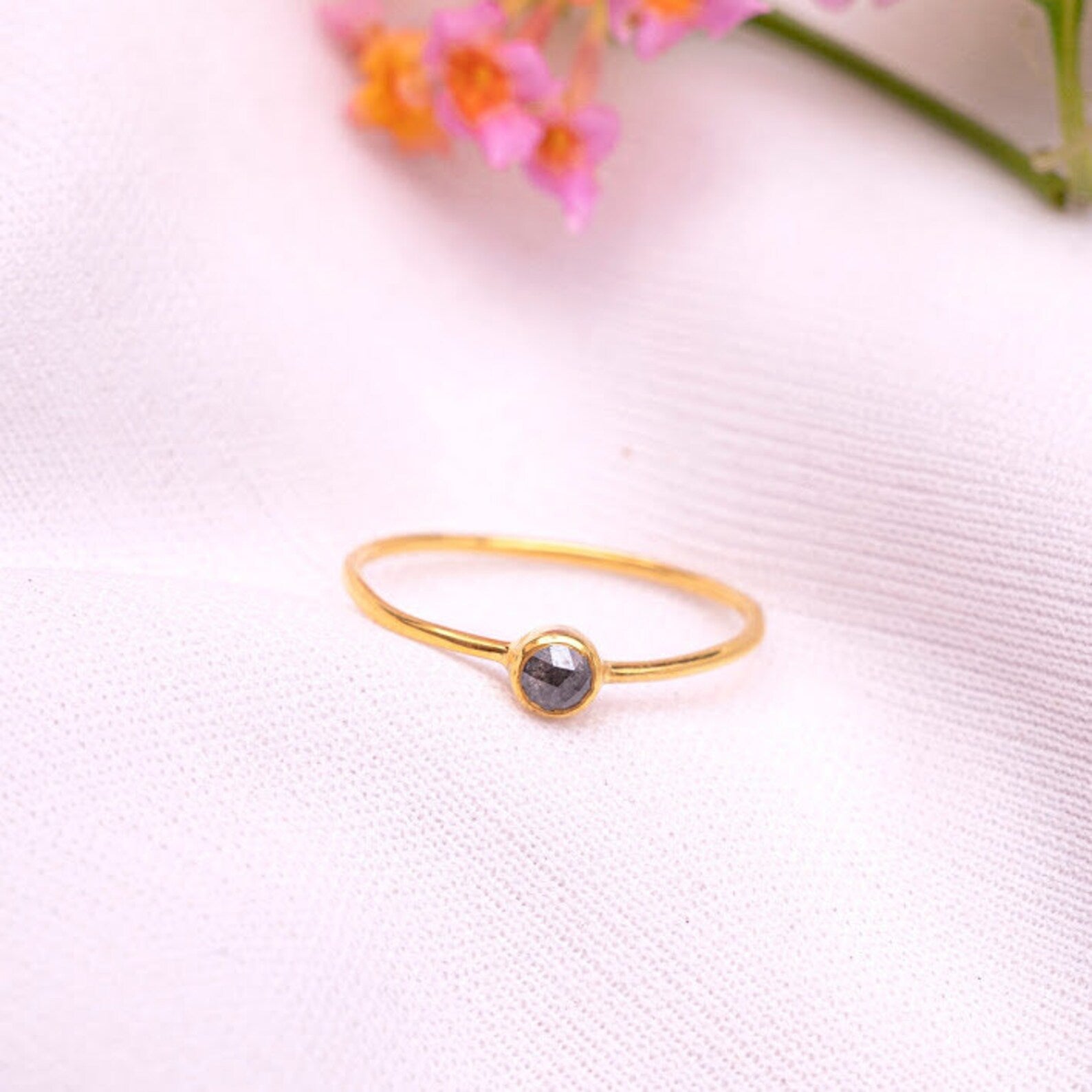 14K Solid Gold Rose Cut Gray Diamond Engagement Ring: Unique and Elegant Minimalist Bridal Jewelry, Simple Stacking Ring, and Gift for Her