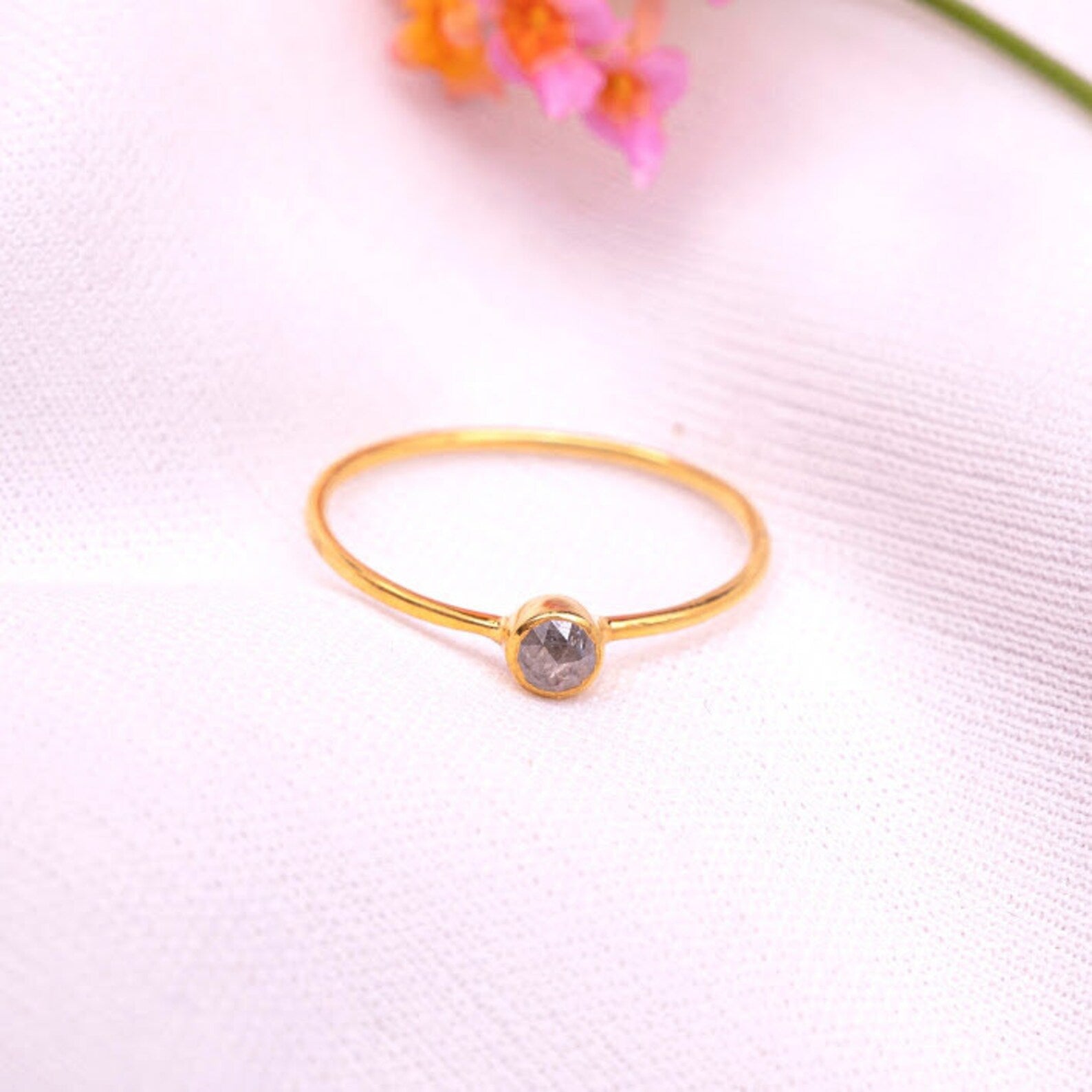 Salt and Pepper Diamond Engagement Ring, Solid 14k Real White, Yellow, Rose Gold Stackable ring, Rose Cut Diamond, Minimal Bridal Jewelry