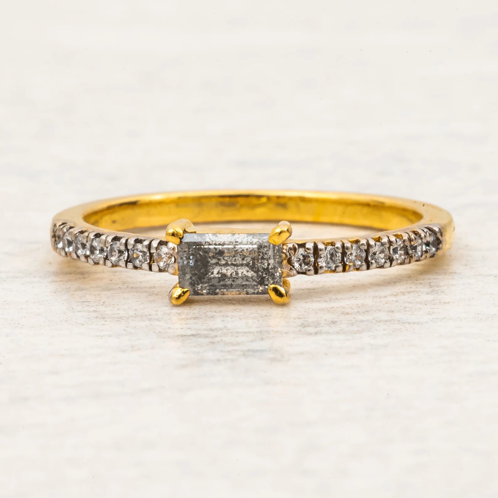 Salt and Pepper Baguette Solitaire Engagement Ring, 14K Solid Gold Diamond Ring, Unique Engagement Ring - Conflict Free Diamonds