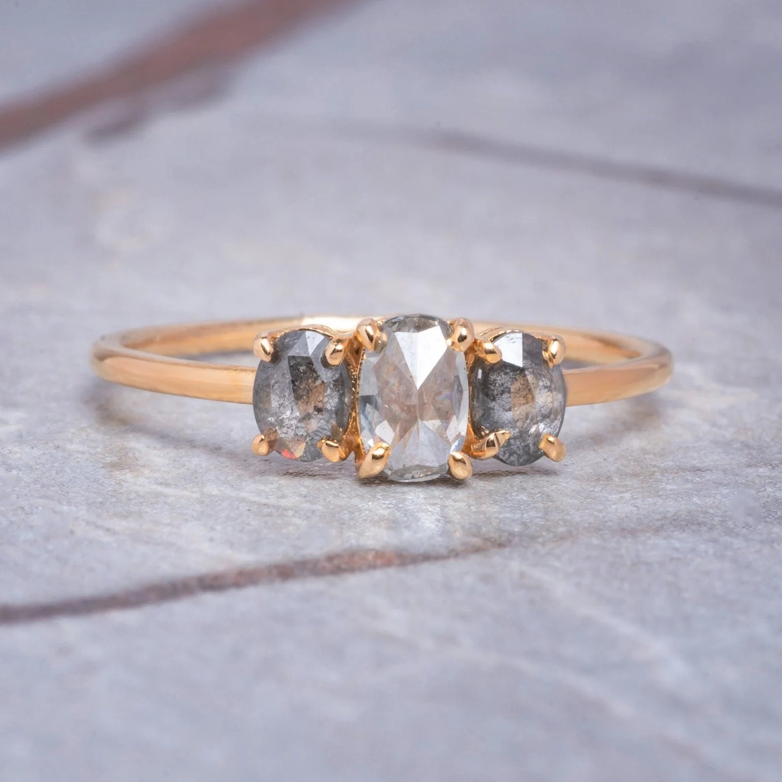 Salt and Pepper Rose Cut Oval Solitaire Engagement Ring, 14K Solid Gold 3 Diamond Ring, Unique Engagement Ring - Conflict Free Diamond