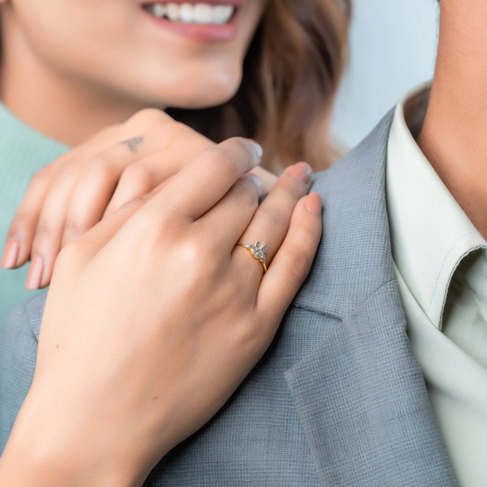 Salt and Pepper Marquise Solitaire Engagement Ring, 14K Solid Gold Diamond Cluster Ring, Unique Engagement Ring - Conflict Free Diamonds