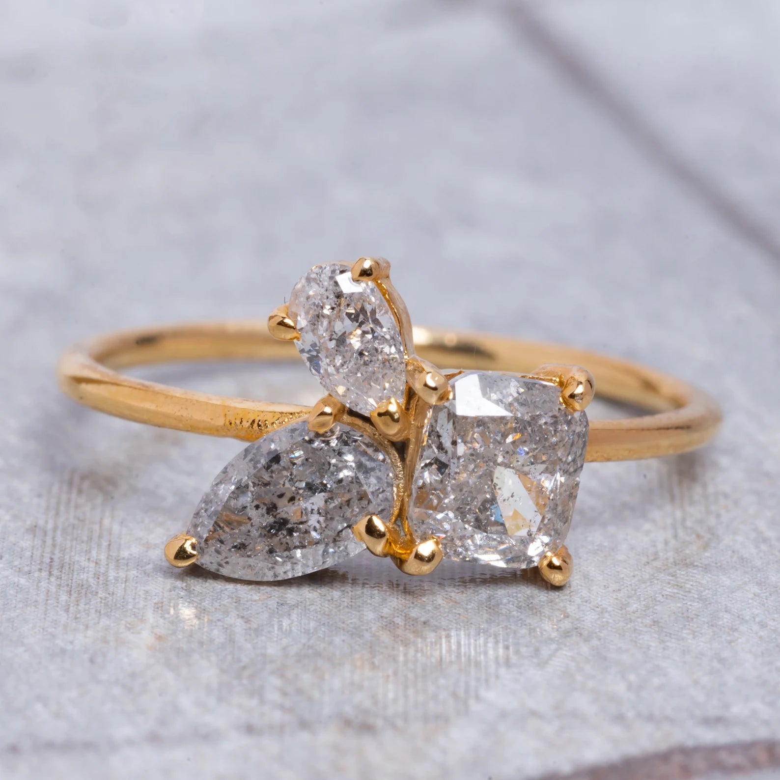 White Gray Salt and Pepper Solitaire Engagement Ring, 14K Solid Gold Diamond Cluster 3 Diamond Ring, Unique Engagement Ring - Conflict Free