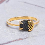 Raw Black Diamond Solitaire Engagement Ring, Geometric 14K Solid Gold Filigree Diamond Ring, Unique Engagement Ring - Conflict Free Diamonds