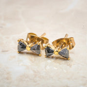 14k Solid Gold Salt and Pepper Diamond Bow Stud Earrings, A Minimalistic 3 Prong Design, Perfect as Small Gift for Mother's Day