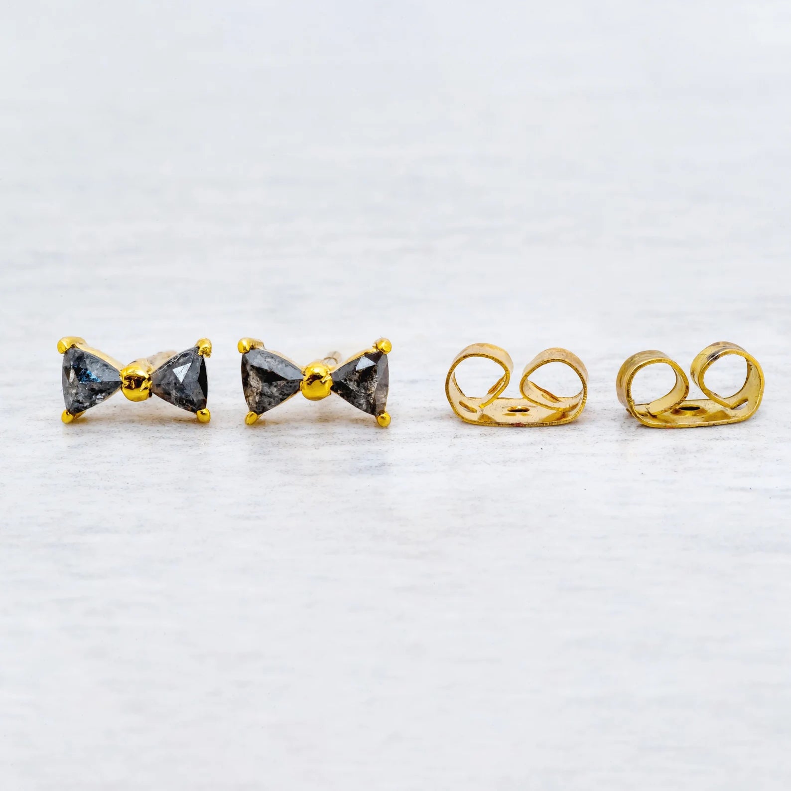 14k Solid Gold Salt and Pepper Diamond Bow Stud Earrings, A Minimalistic 3 Prong Design, Perfect as Small Gift for Mother's Day