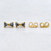 14k Solid Gold Salt and Pepper Diamond Bow Stud Earrings, A Minimalistic 3 Prong Design, Perfect as Small Gift for Mother's Day