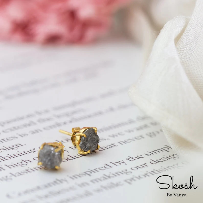 Rough Raw Gray Diamond Stud Earring Prong Setting