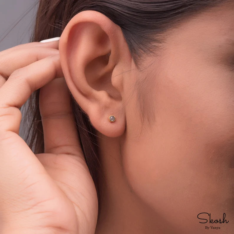 Hexagon Rose Cut Salt and Pepper Minimalist Diamond Stud Earrings