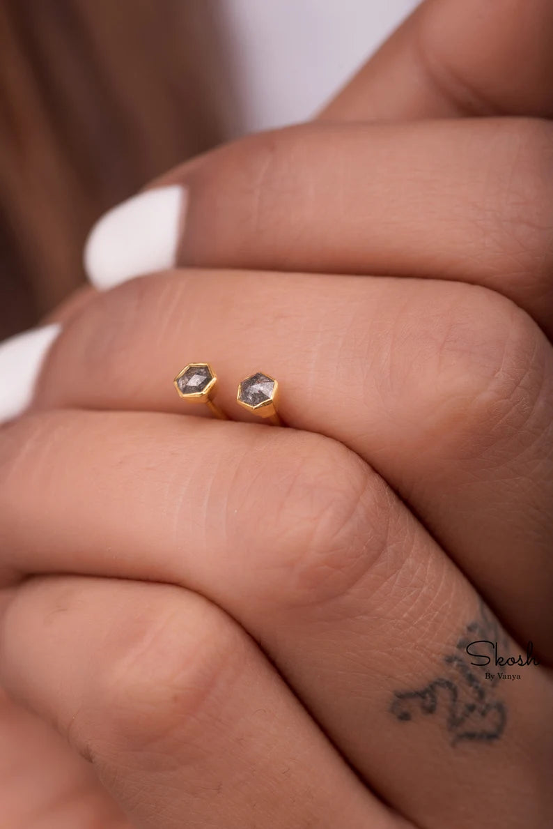 Hexagon Rose Cut Salt and Pepper Minimalist Diamond Stud Earrings