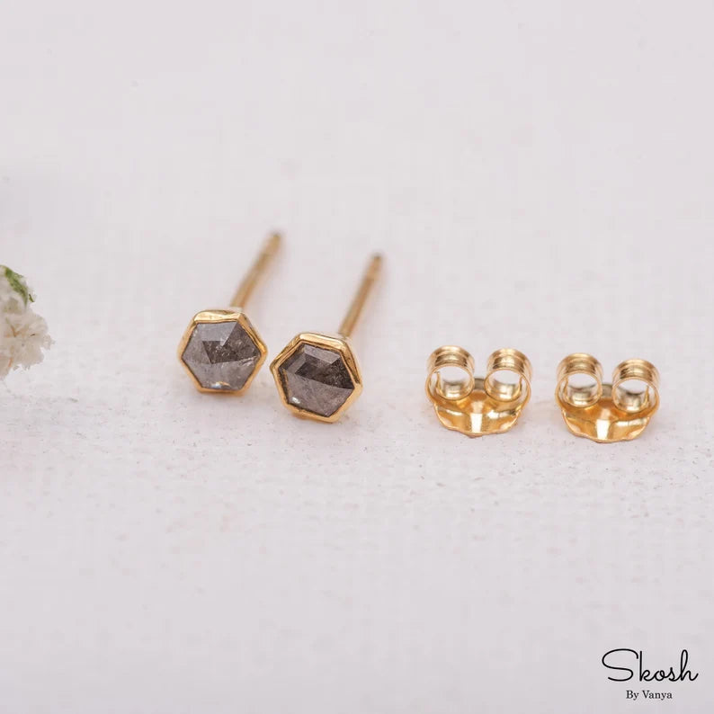 Hexagon Rose Cut Salt and Pepper Minimalist Diamond Stud Earrings