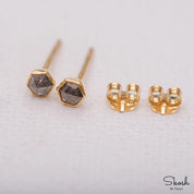 Hexagon Rose Cut Salt and Pepper Minimalist Diamond Stud Earrings