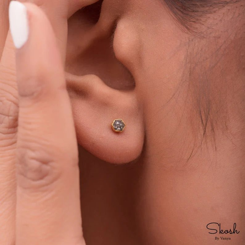 Hexagon Rose Cut Salt and Pepper Minimalist Diamond Stud Earrings