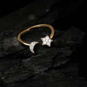 Star Moon Lab Grown Statement Diamond Ring, Celestial Stacking Ring, 14k Solid Gold Jewelry - Gift for Her