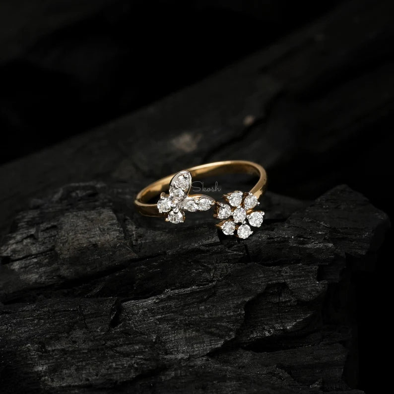 Butterfly Lab Grown Statement Diamond Ring, Flower Cocktail Ring, 14k Solid Gold Jewelry - Gift for Her