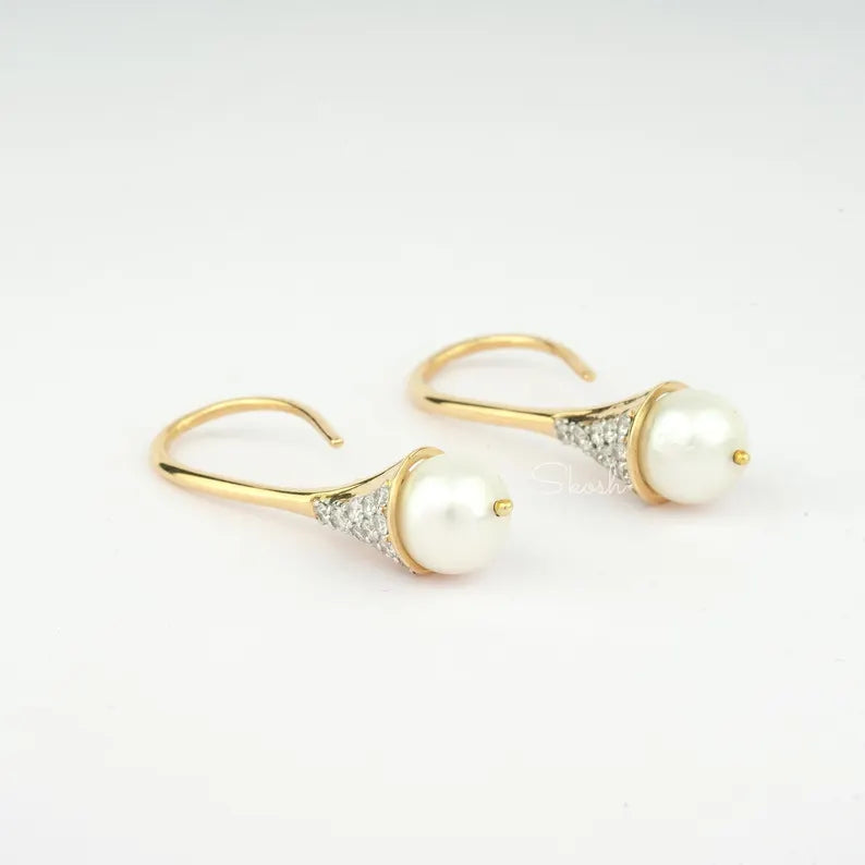 Diamond Tear Drop Pearl Bridal Pave Earrings, Lab Grown Diamond Earrings, 14k Solid Gold Minimal Jewelry - Gift for Mom