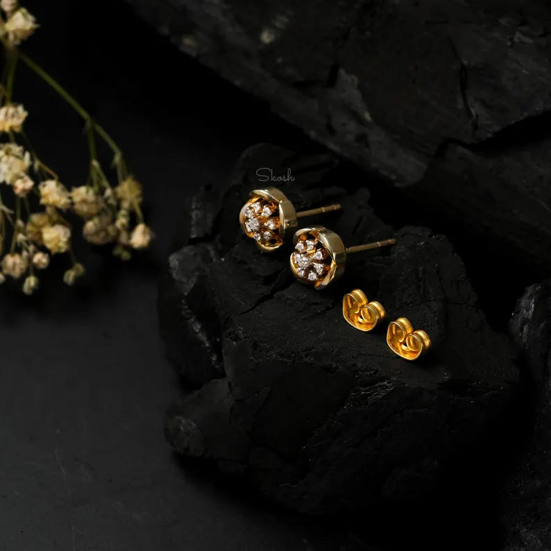 14K Gold Delicate Diamond Floral Stud Earrings, Nature's Grace Diamond Earrings, Minimal Lab Grown Diamond Jewelry