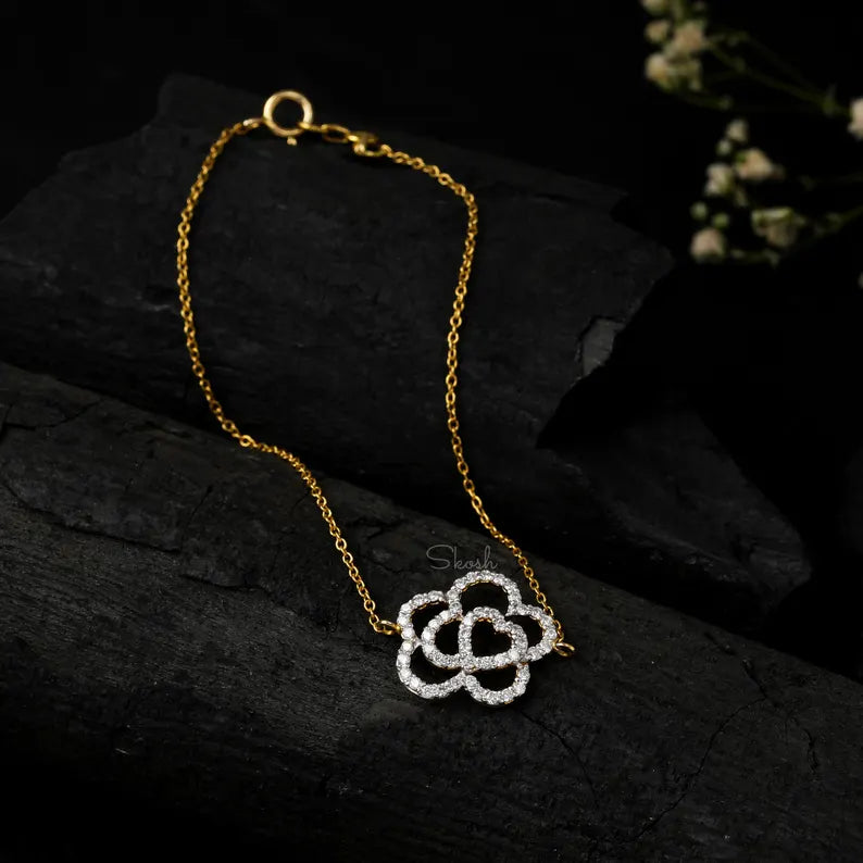 Heart Flower Diamond Chain Bracelet, 14k Solid Gold Lab Grown Diamond Minimal Jewelry