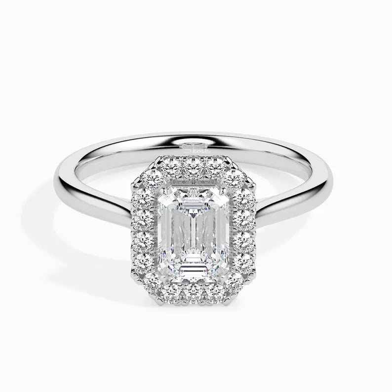 1.50 CTW Emerald Cut Engagement Halo Ring, Lab Grown Diamond Solitaire Ring, IGI Certified 0.5 - 4 CTW Diamond, 14k Gold Jewelry