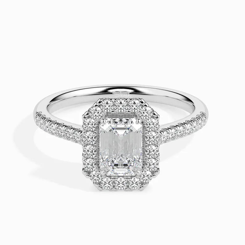 Lab Grown Diamond 1.50 CTW Emerald Cut Engagement Halo Ring, Solitaire Ring, IGI Certified 0.5 - 4 CTW Diamond, 14k Gold Jewelry