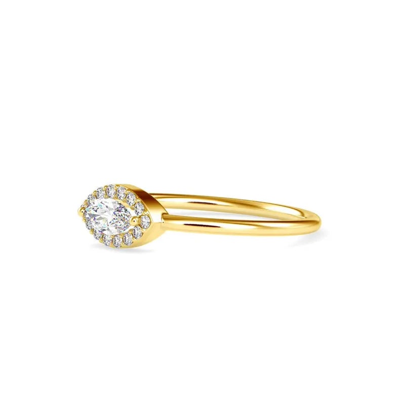 Horizontal Marquise Solitaire Halo Diamond Ring, Lab Grown Diamond Ring, 14k Solid Gold Jewelry, Promise Ring - Gift for Her