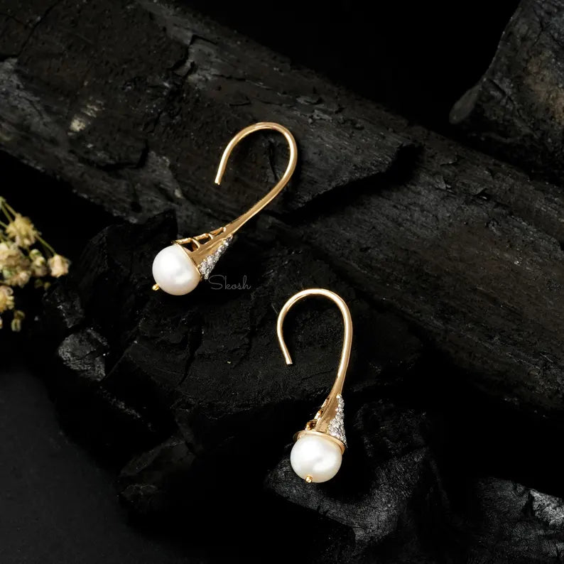 Diamond Tear Drop Pearl Bridal Pave Earrings, Lab Grown Diamond Earrings, 14k Solid Gold Minimal Jewelry - Gift for Mom