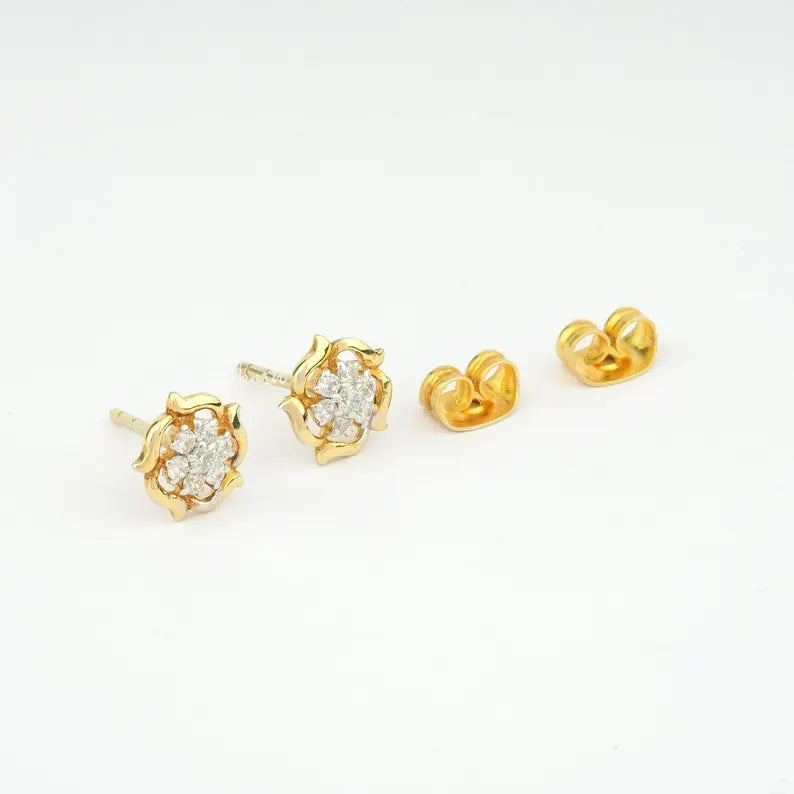 Dainty Lab Grown Diamond Stud Earrings, Floral Diamond Studs, 14k Solid Gold Minimal Jewelry, Everyday Wear