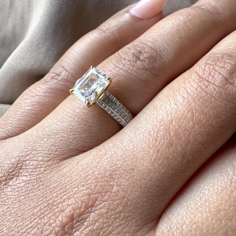 Emerald Cut Lab Grown Diamond Engagement Ring with Hidden Birthstone Solitaire Ring