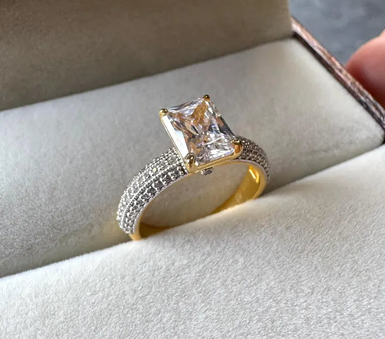 Emerald Cut Lab Grown Diamond Engagement Ring with Hidden Birthstone Solitaire Ring