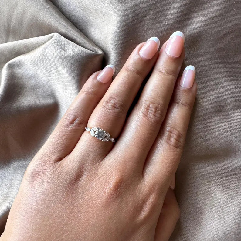 0.85 Carat Round Cut Lab Grown Diamond Engagement Ring with Marquise Diamonds