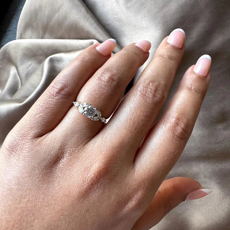 0.85 Carat Round Cut Lab Grown Diamond Engagement Ring with Marquise Diamonds