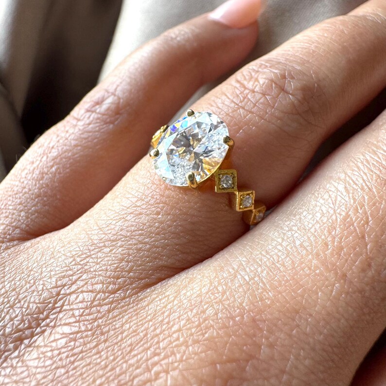 Oval Cut Man Made Diamond Ring with Side Stones