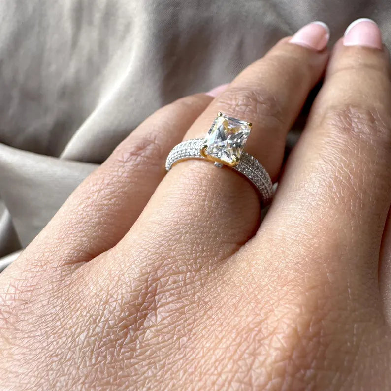 Emerald Cut Lab Grown Diamond Engagement Ring with Hidden Birthstone Solitaire Ring