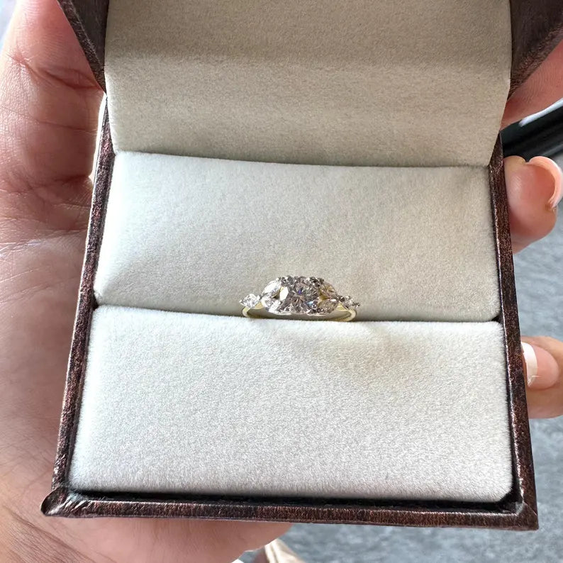 0.85 Carat Round Cut Lab Grown Diamond Engagement Ring with Marquise Diamonds
