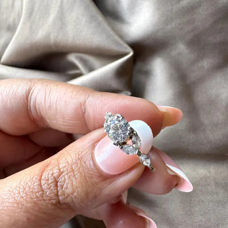 0.85 Carat Round Cut Lab Grown Diamond Engagement Ring with Marquise Diamonds