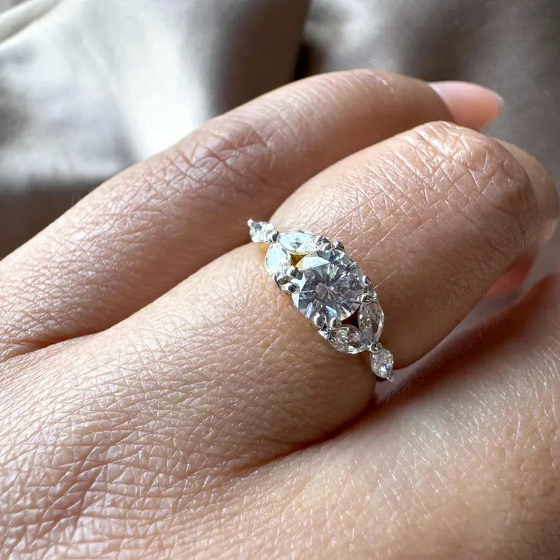 0.85 Carat Round Cut Lab Grown Diamond Engagement Ring with Marquise Diamonds