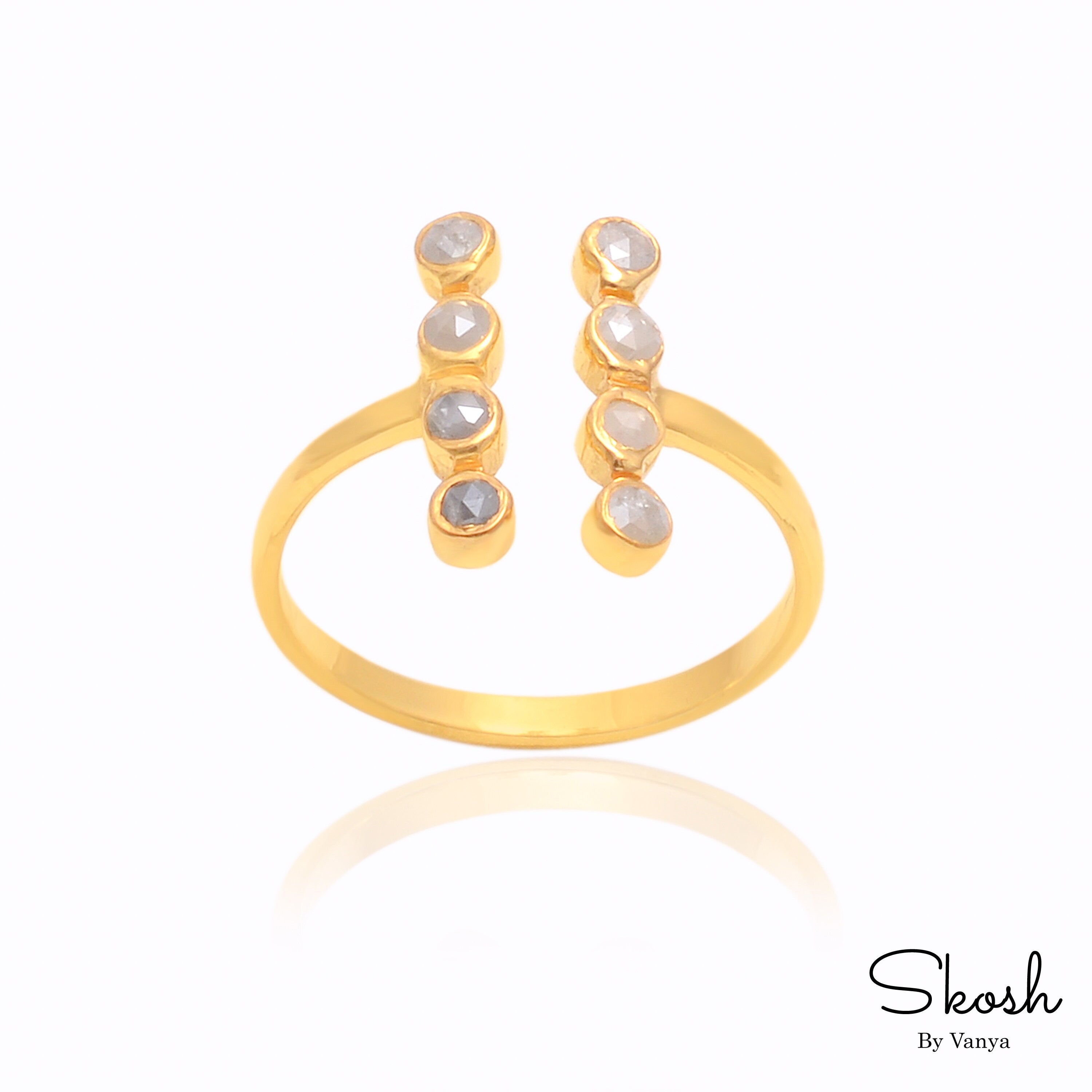 Bezel Bar White Diamond Engagement Ring with Rose Cut Diamond