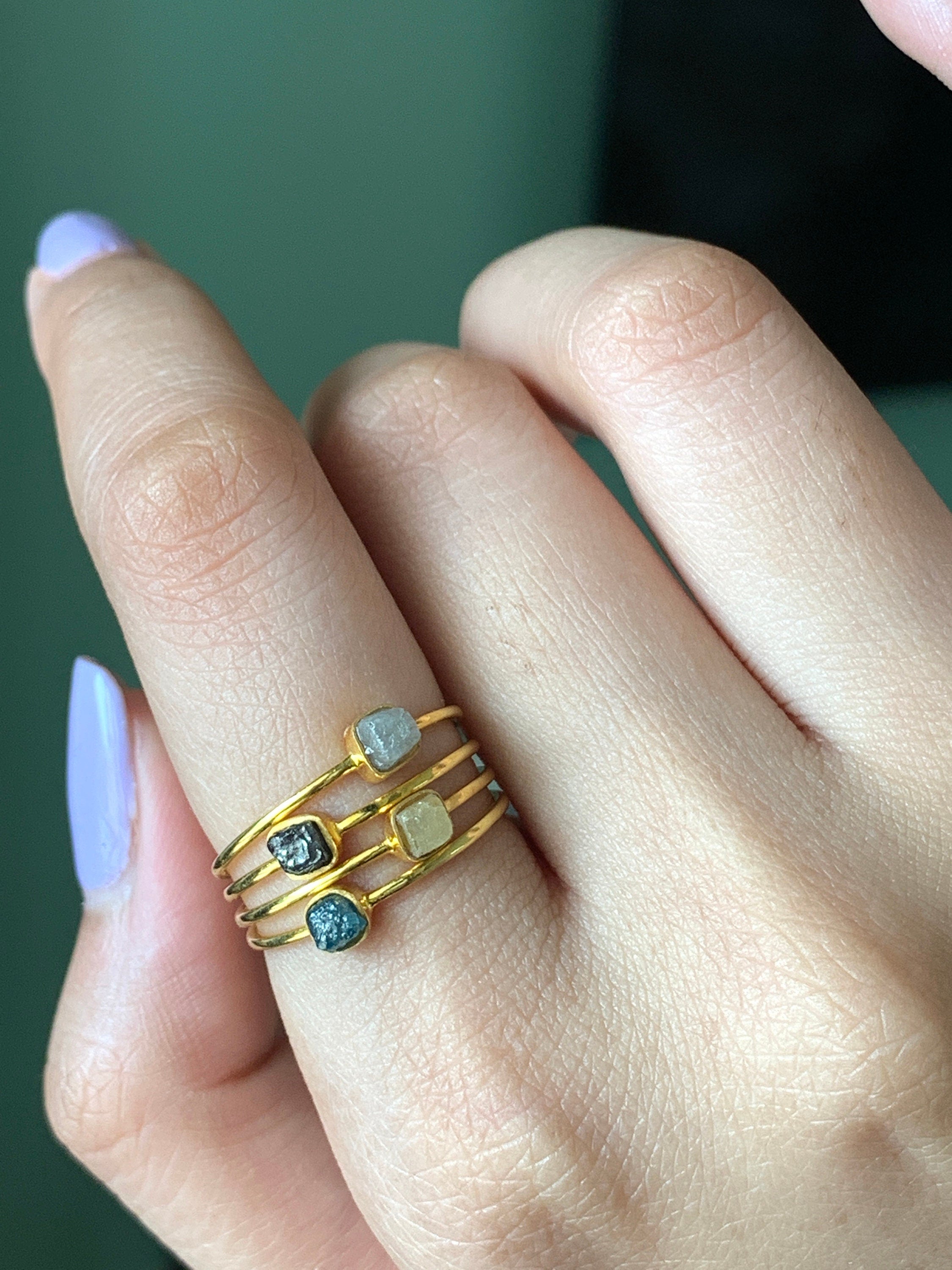 Rough Raw Black Blue Yellow Grey Natural Cube Diamond Stackable Ring