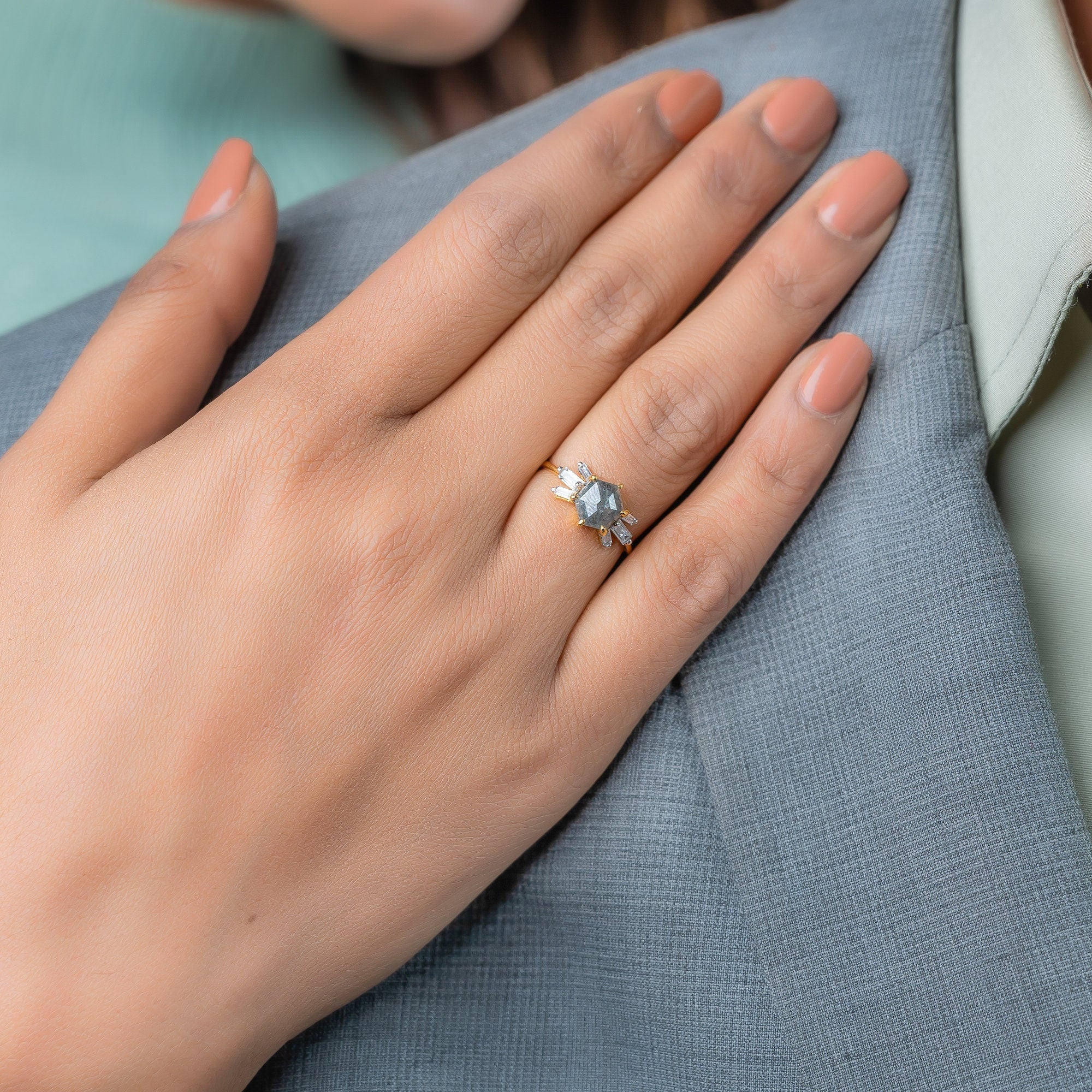 Salt and Pepper Hexagon Solitaire Engagement Ring