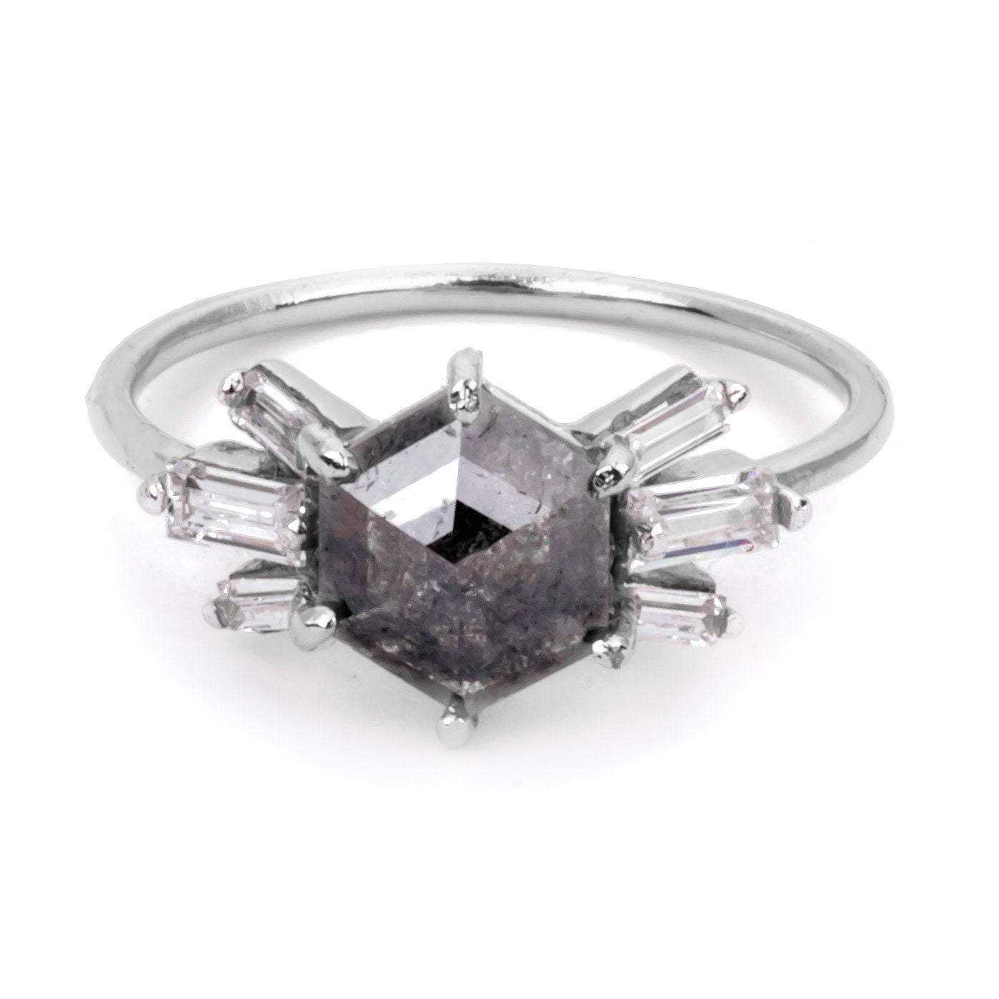 Salt and Pepper Hexagon Solitaire Engagement Ring