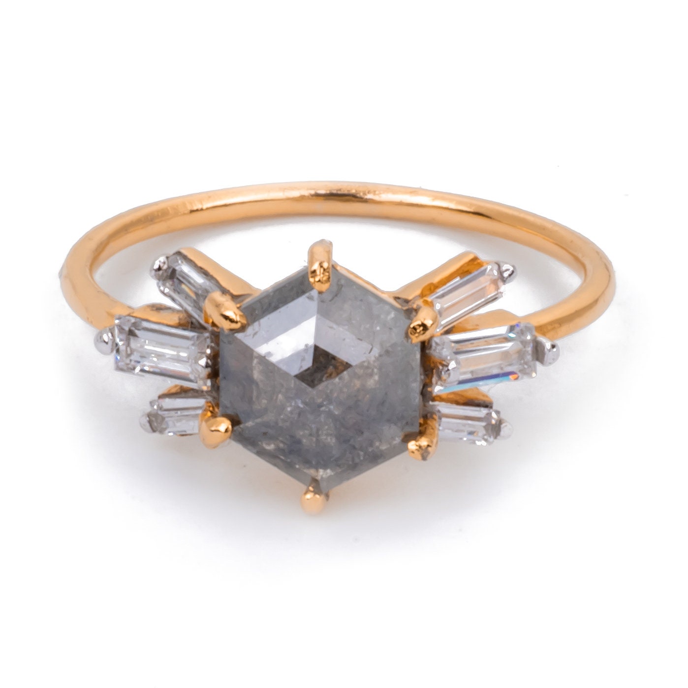 Salt and Pepper Hexagon Solitaire Engagement Ring
