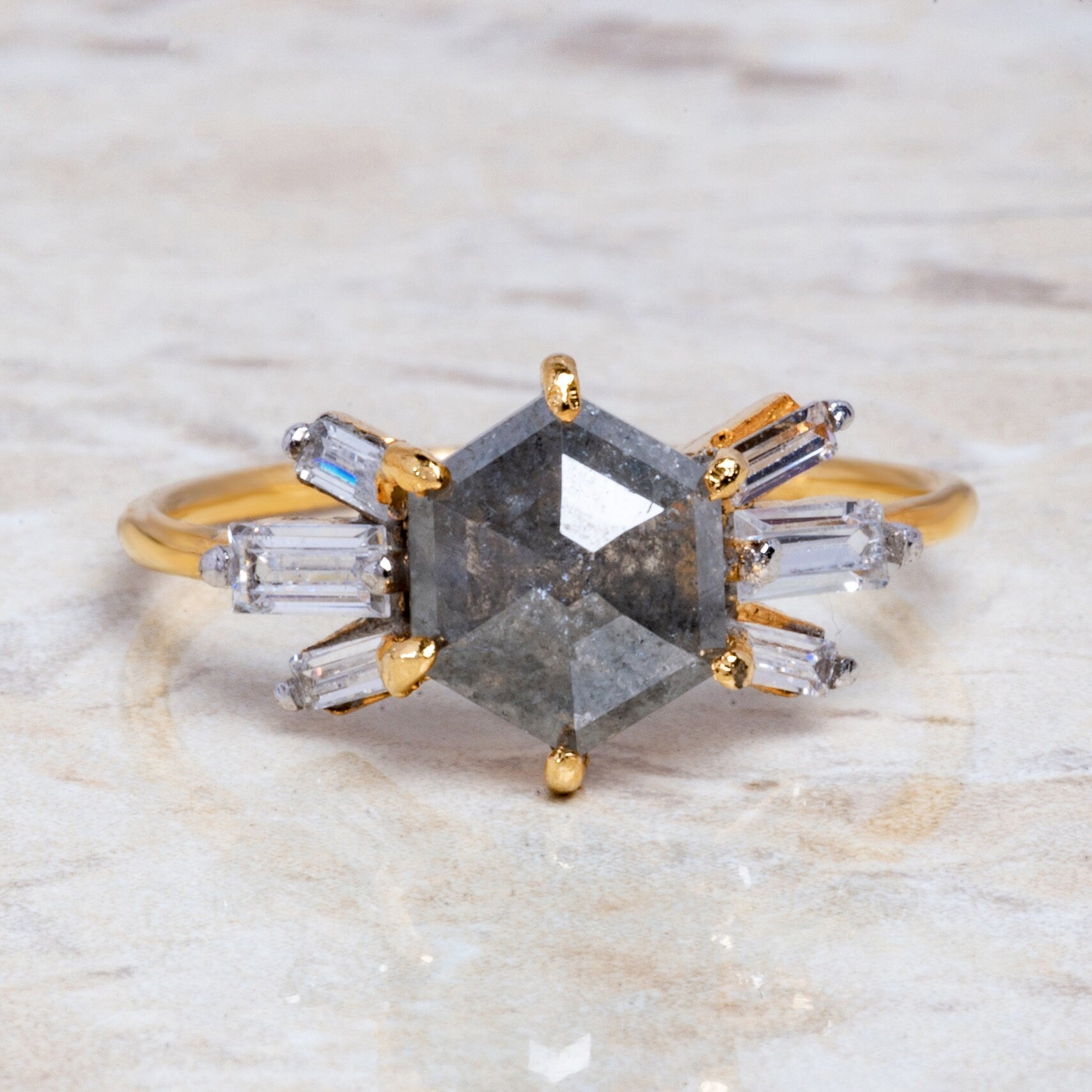 Salt and Pepper Hexagon Solitaire Engagement Ring