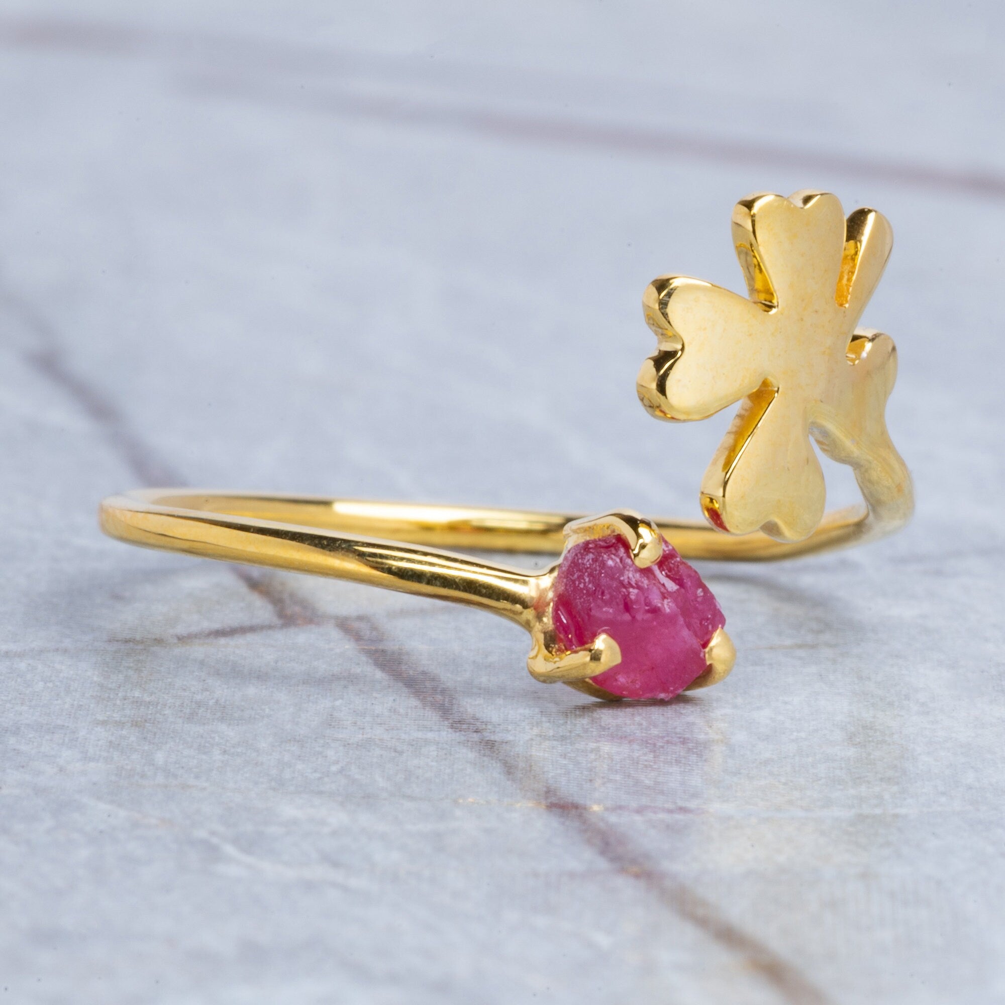 Open Clover Promise Ring with Raw Ruby
