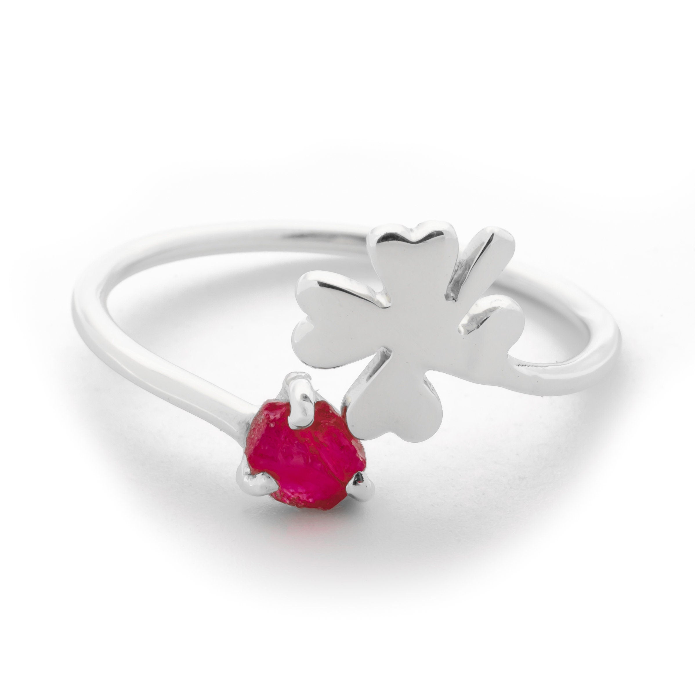Open Clover Promise Ring with Raw Ruby