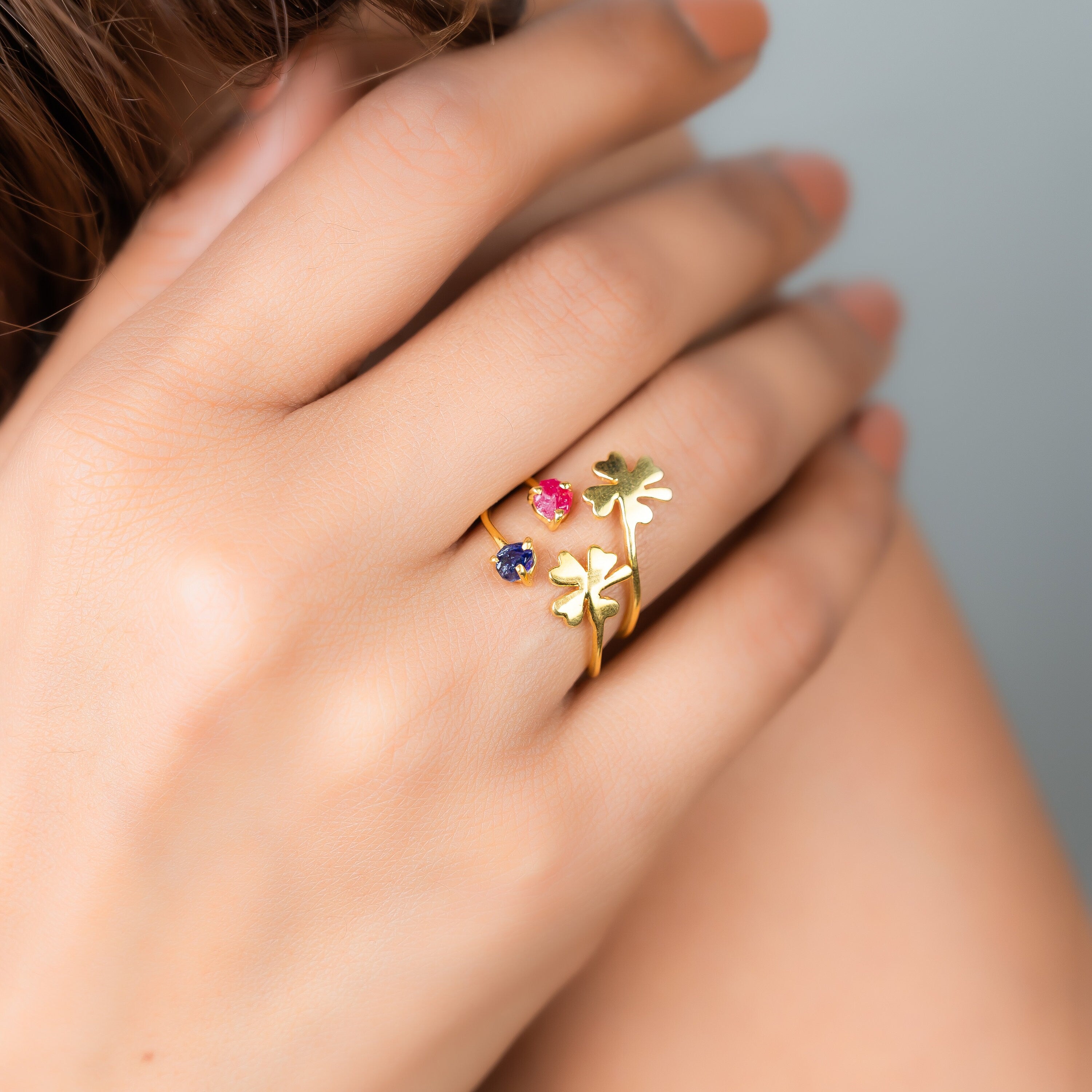 Open Clover Promise Ring with Raw Ruby