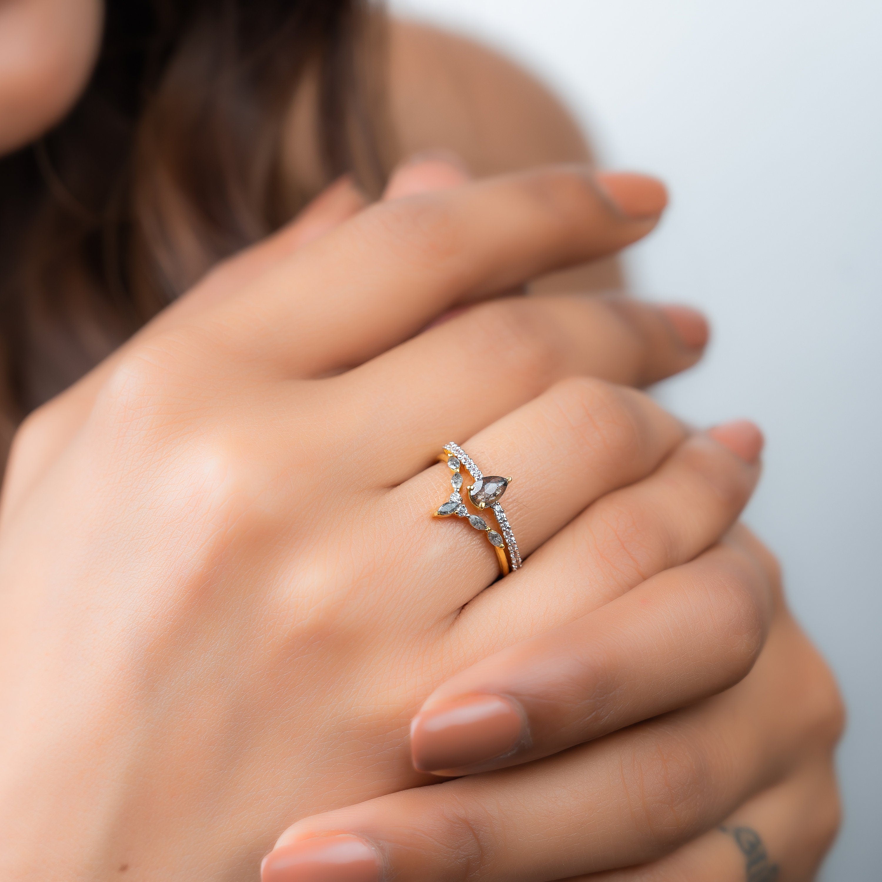 Pear Shape Salt and Pepper Engagement Ring