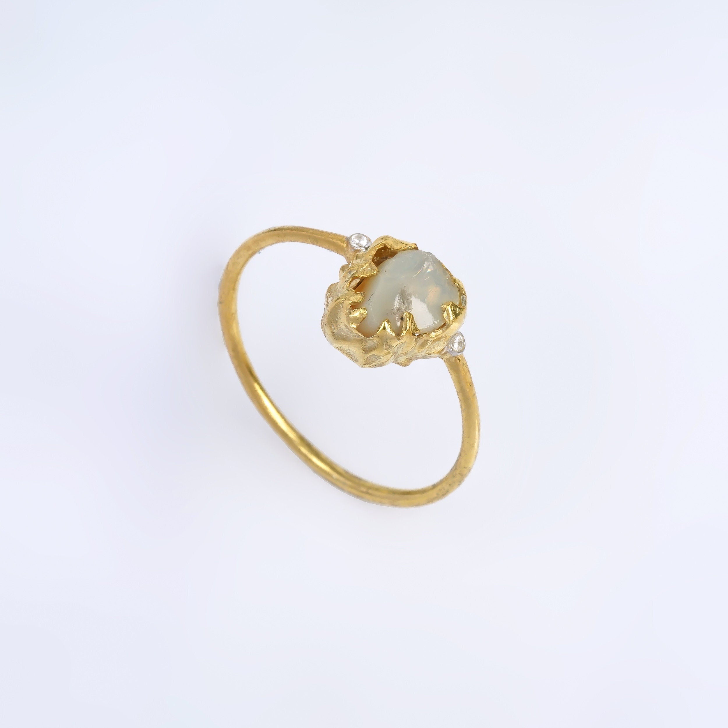 Natural Raw Opal & Diamond Solitaire Ring
