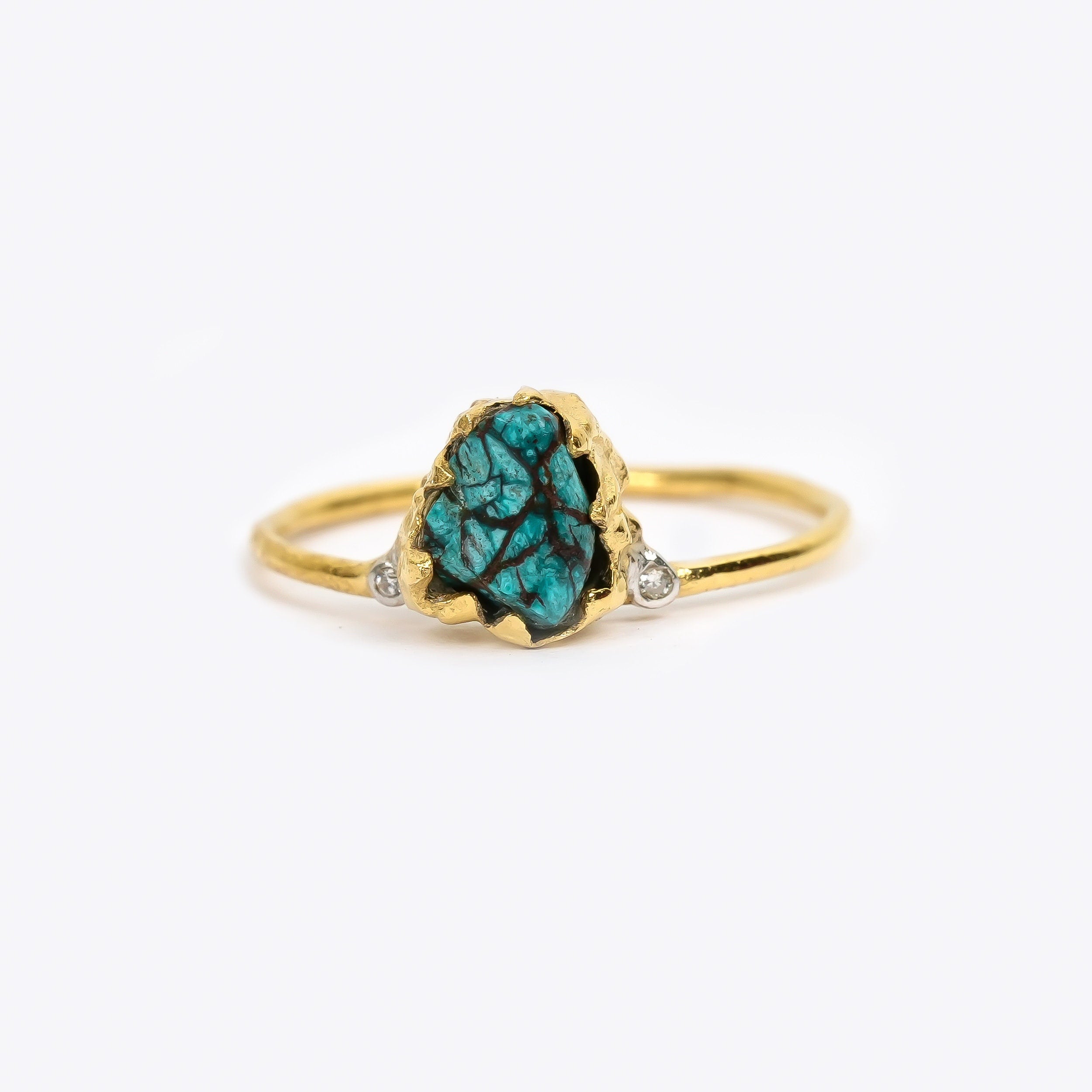Natural Raw Turquoise & Diamond Solitaire Ring